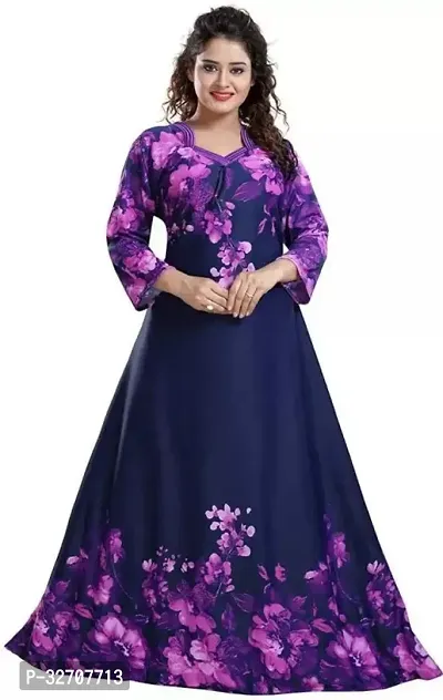 Elegant Purple Satin Printed Nighty For Women-thumb0