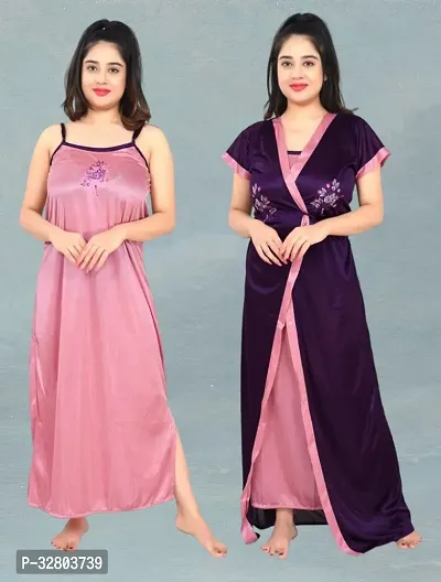 Elegant Satin Solid Nighty Set For Women-thumb0