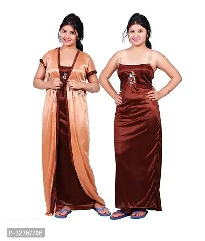 Elegant Brown Satin Printed Nighty With Robe For Women-thumb0