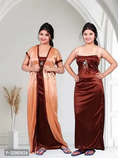 Elegant Satin Solid Nighty Set For Women-thumb0