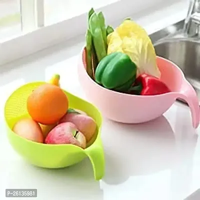 DHYANI Plastic Rice, Fruit Washing Bowl with Handle Thick Drain Basket for Rice Vegetable  Fruits Home Kitchen {Multi Color} Pack of 2
