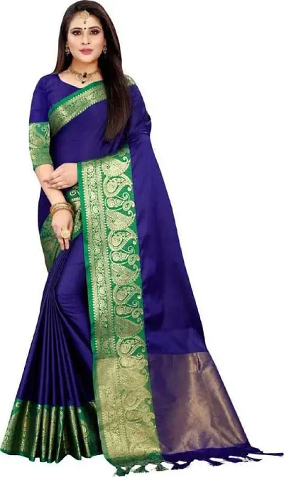 Rubella Women's COTTON SILK with silver zari butta 5.5 Meter Saree with jacquard Unstitched Blouse Piece [Blue]