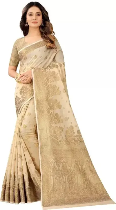 Stylish Cotton Silk Blend Jacquard Zari Banarasi Saree With Blouse Piece