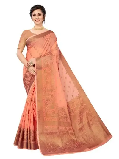 KAlkee Fashion Women's Soft Banarasi Cotton Silk Saree With Rich Pallu & Jacquard Zari Work On All Over The Saree With Blouse