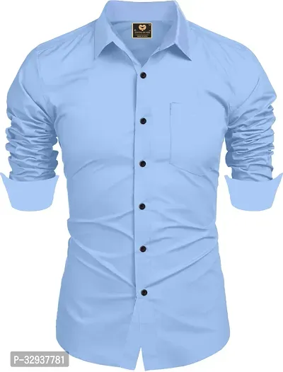 Stylish Blue Cotton Solid Long Sleeves Casual Shirt For Men-thumb0