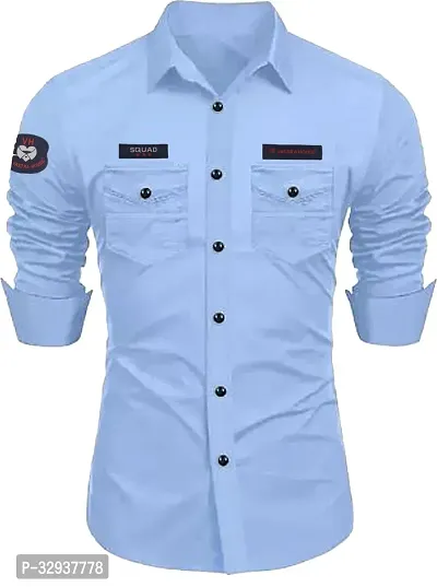 Stylish Blue Cotton Solid Long Sleeves Casual Shirt For Men-thumb0