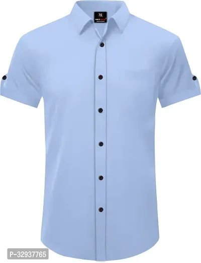 Stylish Blue Cotton Solid Short Sleeves Casual Shirt For Men-thumb0