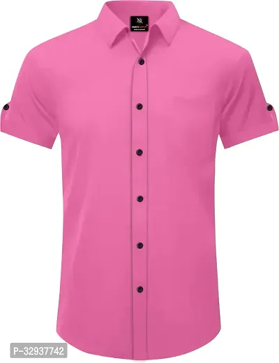 Stylish Pink Cotton Solid Short Sleeves Casual Shirt For Men-thumb0