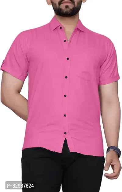 Stylish Pink Cotton Solid Short Sleeves Casual Shirt For Men-thumb0