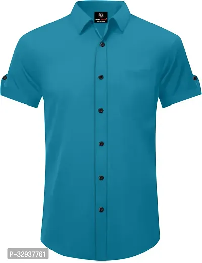 Stylish Blue Cotton Solid Short Sleeves Casual Shirt For Men-thumb0