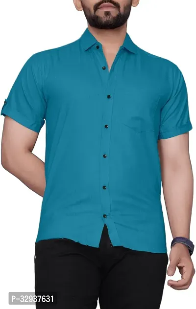 Stylish Blue Cotton Solid Short Sleeves Casual Shirt For Men-thumb0