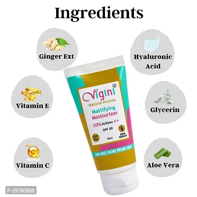 Vigini 20% Actives Oil Free Lightweight Mattifying Moisturizer Acne Prone Skin, Prevents Breakouts, Regulates Sebum, Non Greasy, Hyaluronic Acid Vit C and E Ginger Chamomile SPF 30-thumb2