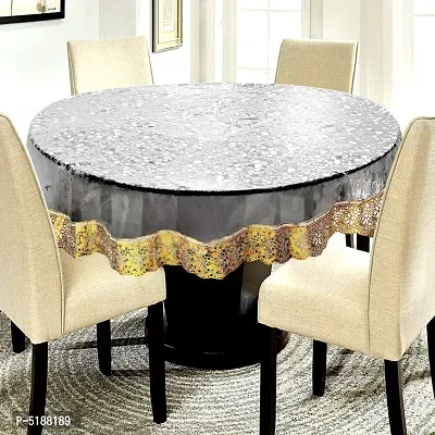 3D PVC Transparent 4 Seater Round Dining Table Cover With Golden Lace (Size- 60 Inch. Round)