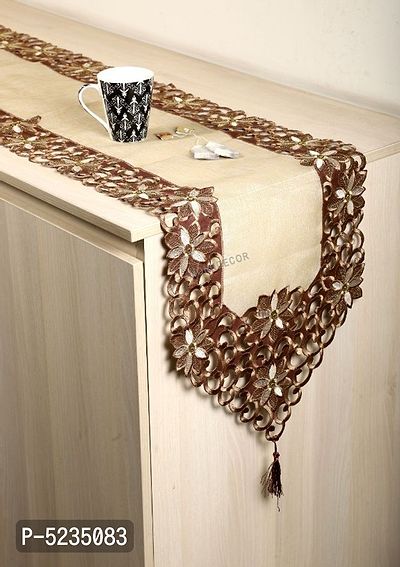 Tissue Cutwork Dining Table Runner (Size-70x15 Inch.) Brown Color.-thumb0