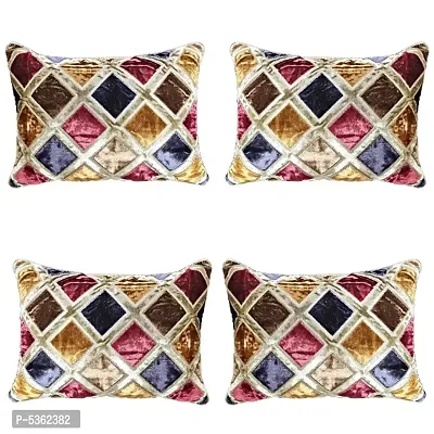 Big Check Design Velvet Cushion Cover (Size-12x18 Inch.) Set Of 1 Piece (Gold Color)-thumb2