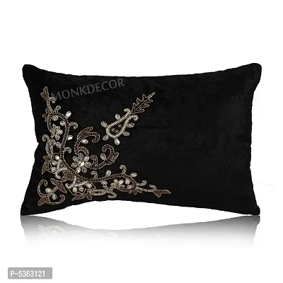 Bow Design Velvet Cushion Cover (Size-12x18 Inch.) Set Of 1 Piece (Black Color)-thumb0