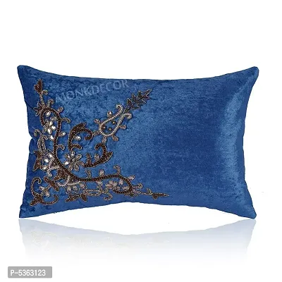 Bow Design Velvet Cushion Cover (Size-12x18 Inch.) Set Of 1 Piece (Blue Color)-thumb0