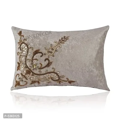 Bow Design Velvet Cushion Cover (Size-12x18 Inch.) Set Of 1 Piece (Cream Color)-thumb0