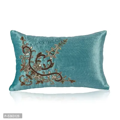 Bow Design Velvet Cushion Cover (Size-12x18 Inch.) Set Of 1 Piece (Firozi Color)-thumb0