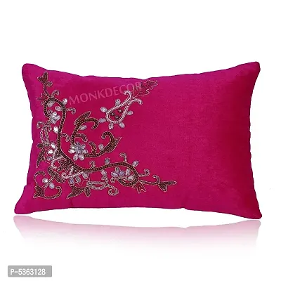 Bow Design Velvet Cushion Cover (Size-12x18 Inch.) Set Of 1 Piece (Pink Color)-thumb0