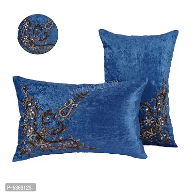 Bow Design Velvet Cushion Cover (Size-12x18 Inch.) Set Of 1 Piece (Blue Color)-thumb3