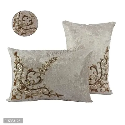 Bow Design Velvet Cushion Cover (Size-12x18 Inch.) Set Of 1 Piece (Cream Color)-thumb2
