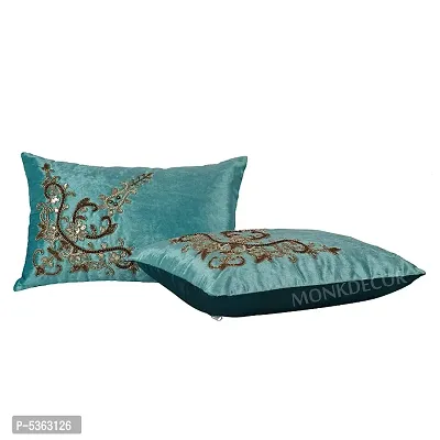 Bow Design Velvet Cushion Cover (Size-12x18 Inch.) Set Of 1 Piece (Firozi Color)-thumb2