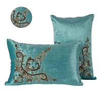 Bow Design Velvet Cushion Cover (Size-12x18 Inch.) Set Of 1 Piece (Firozi Color)-thumb2