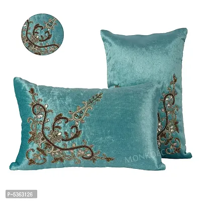 Bow Design Velvet Cushion Cover (Size-12x18 Inch.) Set Of 1 Piece (Firozi Color)-thumb3