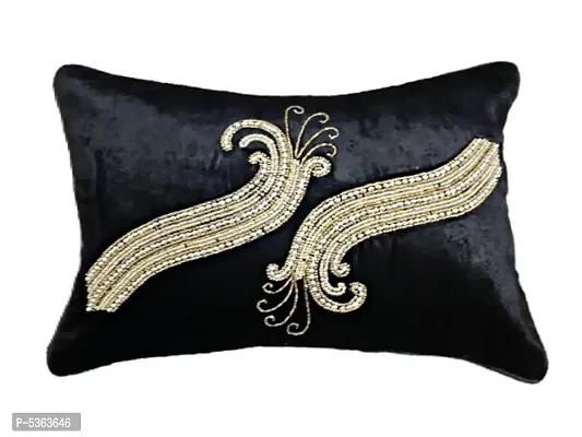 Peacock Neck Design Velvet Cushion Cover (Set of 1 Piece ) Black color (Size-12x18 Inch.)-thumb0