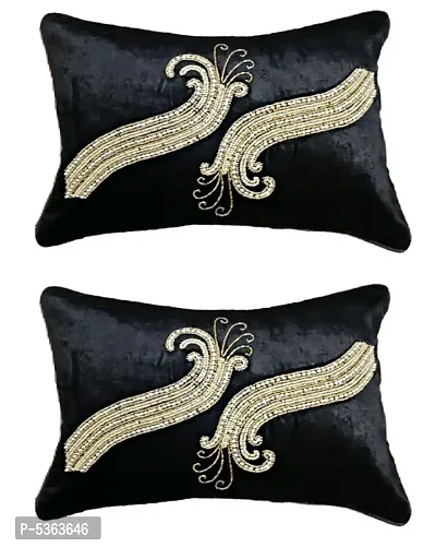 Peacock Neck Design Velvet Cushion Cover (Set of 1 Piece ) Black color (Size-12x18 Inch.)-thumb3