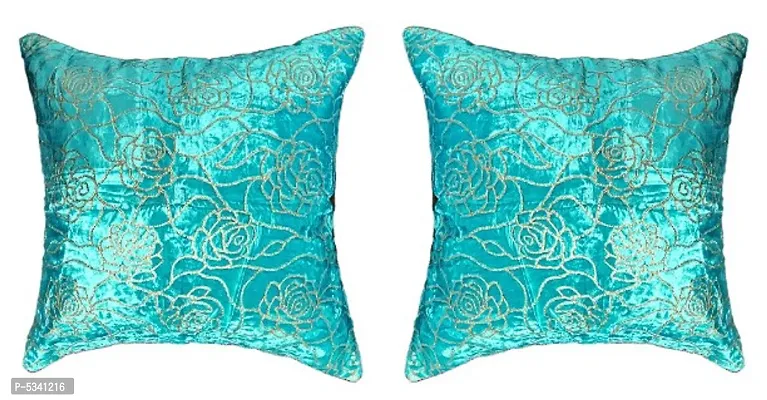 Stylish Turquoise Rose Design Velvet Cushion Covers - Set of 5 Pieces-thumb2