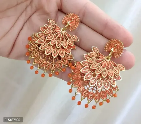 Peacock Design trendy Stylish Fancy Party Wear 3 Layer Morr earrings for Girls and Women. (Orange Color)