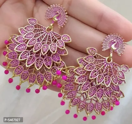 Peacock Design trendy Stylish Fancy Party Wear 3 Layer Morr earrings for Girls and Women. (Pink Color)-thumb0