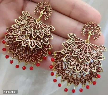 Peacock Design trendy Stylish Fancy Party Wear 3 Layer Morr earrings for Girls and Women. (Red Color)