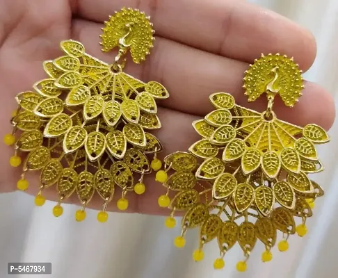 Peacock Design trendy Stylish Fancy Party Wear 3 Layer Morr earrings for Girls and Women. (Yellow Color)