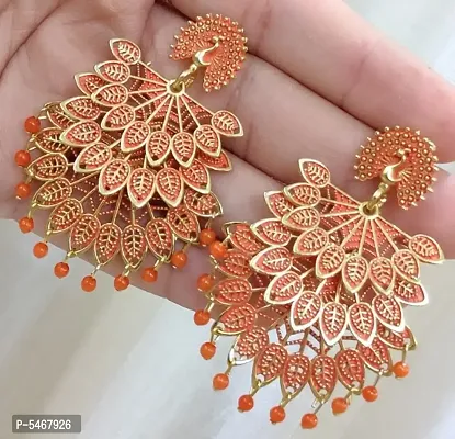 Peacock Design trendy Stylish Fancy Party Wear 3 Layer Morr earrings for Girls and Women. (Orange Color)-thumb2