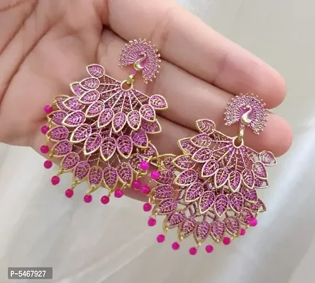 Peacock Design trendy Stylish Fancy Party Wear 3 Layer Morr earrings for Girls and Women. (Pink Color)-thumb2