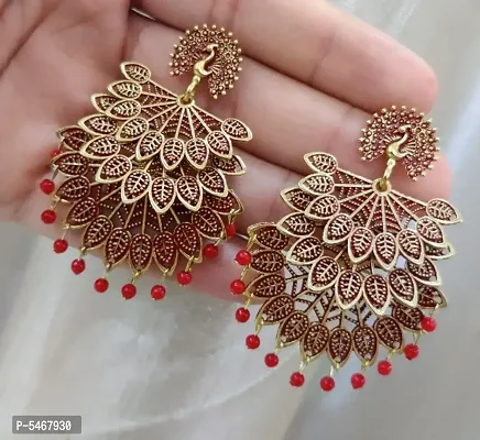 Peacock Design trendy Stylish Fancy Party Wear 3 Layer Morr earrings for Girls and Women. (Red Color)-thumb2