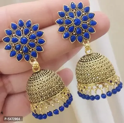 Elite Colorful Gold Sunflower Regular Wear and Party Wear Jhumkas earrings for Girls and Women (Blue Color)