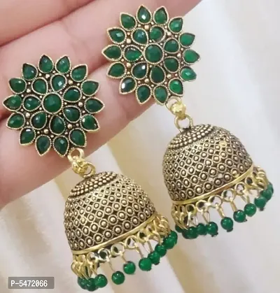 Elite Colorful Gold Sunflower Regular Wear and Party Wear Jhumkas earrings for Girls and Women (Green Color)