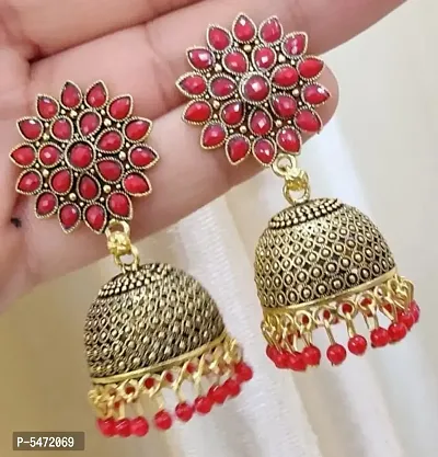 Elite Colorful Gold Sunflower Regular Wear and Party Wear Jhumkas earrings for Girls and Women (Red Color)