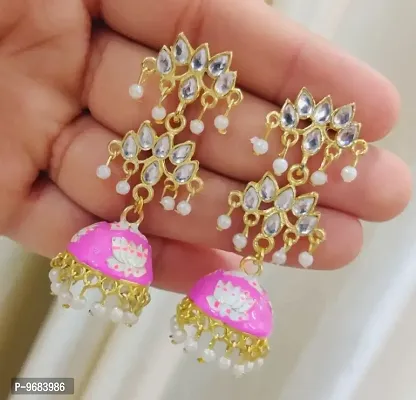 Attractive Light Pink Color 6 Stone Jhumka Earring-thumb0