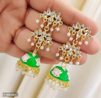 Attractive Parrot Green Color 6 Stone Jhumka Earring