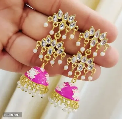 Attractive Rani Pink Color 6 Stone Jhumka Earring