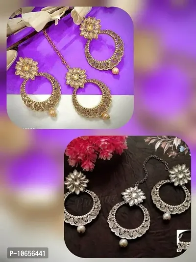Maddy Space Jewellary Set of Mangtika With Earring Combo Pack of 2 Different Design (1Moti Gold and Silver)