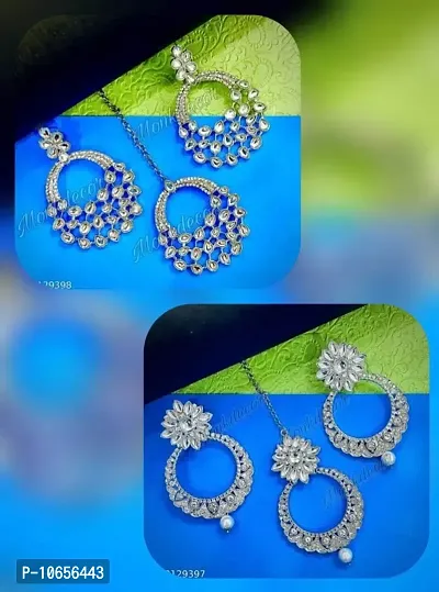 Maddy Space Jewellary Set of Mangtika With Earring Combo Pack of 2 Different Design (Morr-1Moti_Silver)