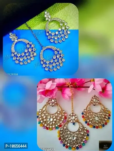 Maddy Space Jewellary Set of Mangtika With Earring Combo Pack of 2 Different Design (Morr Silver-D1 Multi)-thumb0