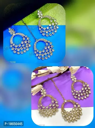 Maddy Space Jewellary Set of Mangtika With Earring Combo Pack of 2 Different Design (Morr-Silver_Gold)