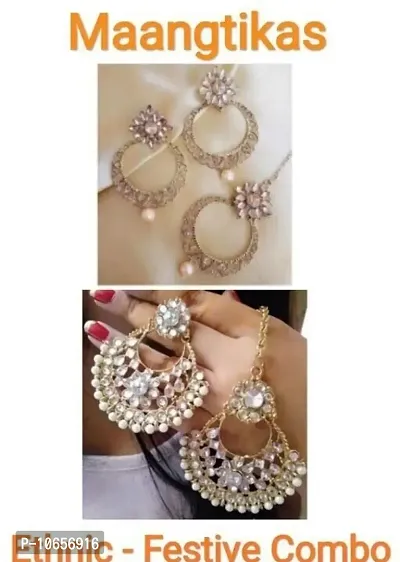 Maddy Space Attractive Mangtika With Earring Set combo Pack of 2 Designs (1Moti Gold-D1 White)-thumb0